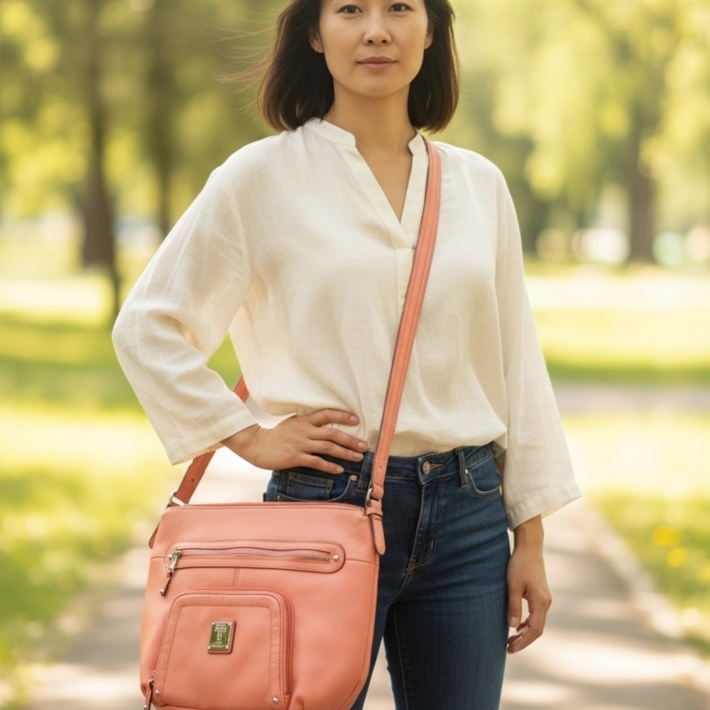 Tignanello Coral Pink Leather Crossbody Bag